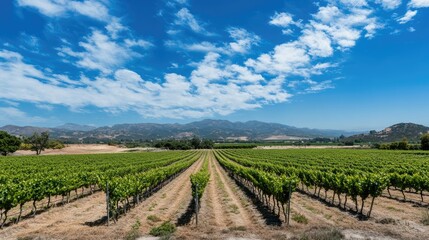 Obraz premium Vast vineyard landscape under a clear blue sky showcasing lush green grapevines and rolling hills of wine country in scenic rural setting