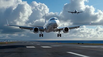 Obraz premium A magnificent view of an airplane taking off while another lands at a busy airport, surrounded by a striking sky and ocean