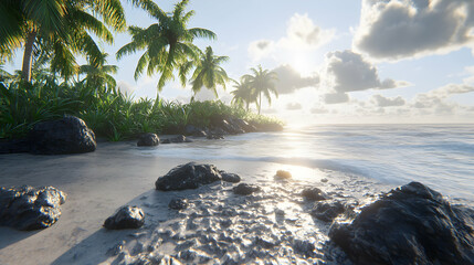 Serene tropical beach at sunrise; palm trees, rocks, calm ocean. Perfect for travel, vacation, or relaxation themes.