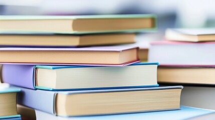 Colorful stack of books on a blurred background.