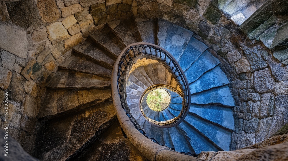 Poster elegant spiral staircase with stone steps illuminated by natural light creating captivating architec