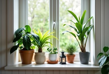 Fototapeta premium Indoor houseplants on white wooden windowsill. Variety of green houseplants in different pots. Scandinavian style room. Natural light shining through window. Home decor, gardening. Collection of