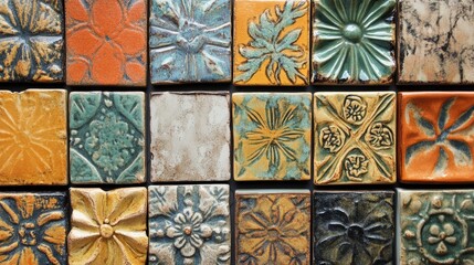 Colorful vintage ceramic tiles with intricate patterns showcasing craftsmanship and design from a bygone era for interior decor inspiration.