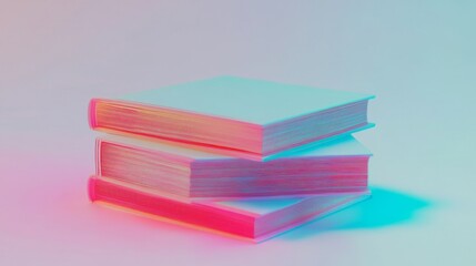 Colorful stacked books with vibrant lighting.
