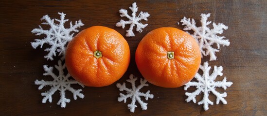 Fototapeta premium Ripe tangerines on artificial snowflakes against a dark wooden table creating a vibrant winter still life composition