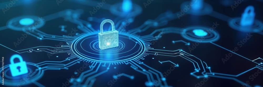 Poster Digital lock icon on futuristic tech background. Secure cyberspace system with privacy and data protection. Modern illustration of online security and cyberspace laws. Illustrates tech safety concept.