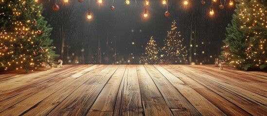 Festive wooden backdrop with Christmas decorations and ambient lights perfect for holiday product display or seasonal promotions