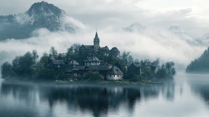 Mysterious village on a misty island surrounded by serene lake waters and majestic mountains in the background