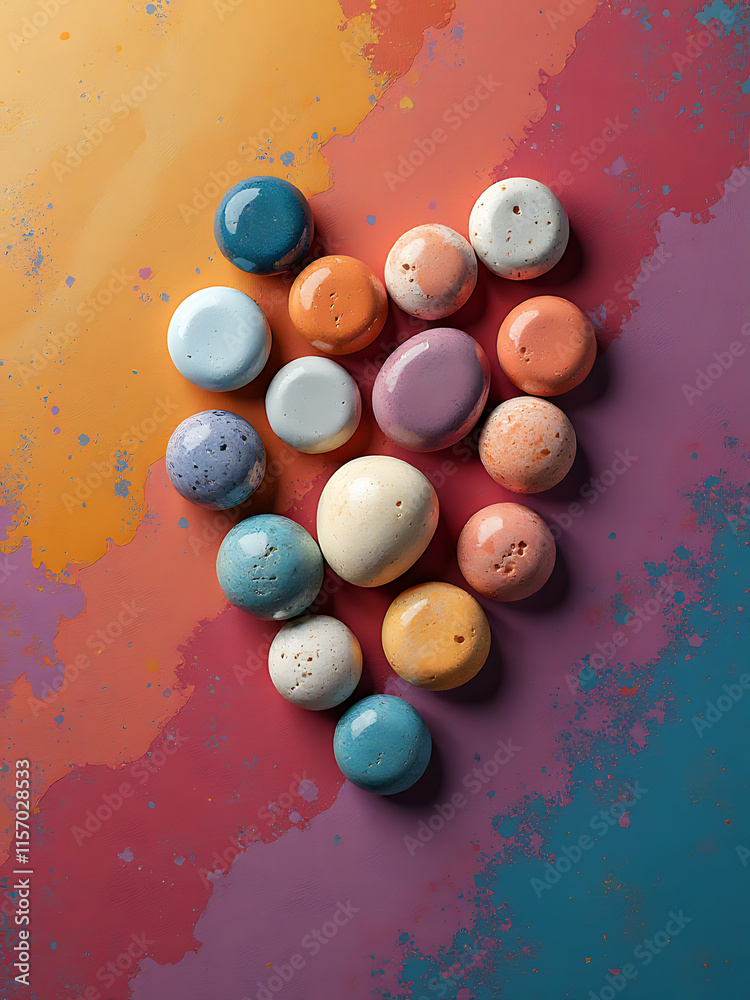 Aufkleber Small Stones On A Colorful Background Create A Visually Appealing Top View When Arranged In A Decorative Pattern. 00002