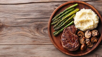 Juicy Steak with Asparagus, Mashed Potatoes, and Saut&eacute;ed Mushrooms