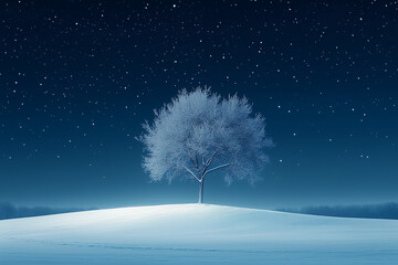 Snowy lonely tree on the hill during winter illuminated by moon, starry sky in the background.