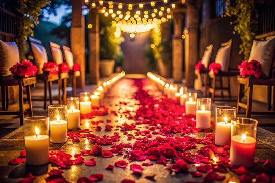 Romantic Night Wedding Aisle: Rose Petals & Candlelight