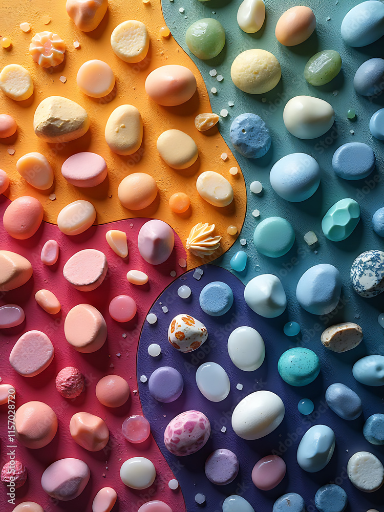 Poster Small Stones On A Colorful Background Create A Visually Appealing Top View When Arranged In A Decorative Pattern. 00001