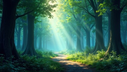 Naklejka premium Mystical forest path glows with sunlight. Tall trees line winding path. Foggy atmosphere creates magical mood. Nature scene beautiful, tranquil. Sunlight streams through trees, misty air. Vivid green