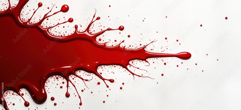 Poster Red liquid drips, splashes on white background. Abstract design with paint splatter. Painterly effect. Red color dominant. Graphic image. Creative visual element. Bloody splatter effect. Dramatic
