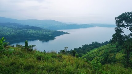 Scenic panoramic view of a tranquil lake and lush green landscape during a hike in nature's serene environment