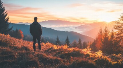 Majestic Sunrise over Mountain Ranges: A Solitary Figure Contemplates the Breathtaking View