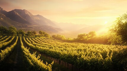 Fototapeta premium Vineyards at sunrise showcasing golden light over rolling hills in a picturesque wine region landscape
