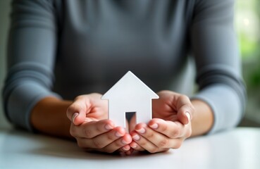 Hands hold small white house model. Care, protection of property. Real estate concept. Focus on safekeeping of home. Agent holds key to new home. Homeowner feels secure. Safe investment in real