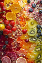 A top-down view of vibrant, juicy fruit parts carefully arranged in a visually appealing pattern. The colorful slices of various fruits, including citrus, berries, and tropical fruits.