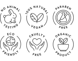 Eco cosmetics icon. Organic natural products alcohol, paraben and gluten free line icons for packaging. Stamps and badges vector set. Non toxic, no animal testing, for all skin types