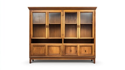 vintage wooden display cabinet with glass doors isolated on white background for interior design and furniture concepts