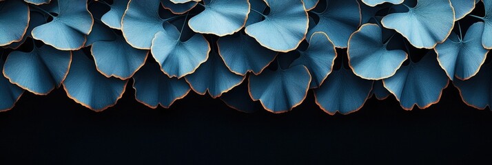 Fototapeta premium A close-up of layered blue leaves with golden edges against a dark background.