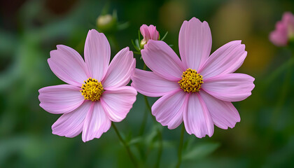 Obraz premium Two delicate pink cosmos flowers in bloom, showcasing intricate details and vibrant colors against a soft green background. Ideal for nature, floral, and serenity themes.