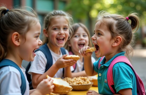 Happy school kids enjoy healthy lunch outdoors. Children smiling, eating bread, snacks together. Seem happy, cheerful. School setting schoolyard suggested by casual clothes, backpacks. Joyful scene