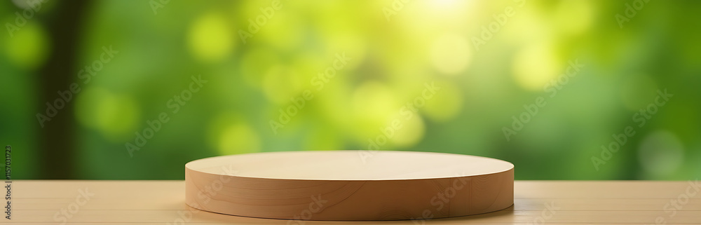 Poster Simple Wooden Podium Against Blurred Nature Background Ideal For Product Presentation With A Touch Of Elegance And Sophistication. 00003