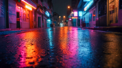Vibrant reflections illuminate a rainy street at night in a city showcasing neon lights and a tranquil atmosphere