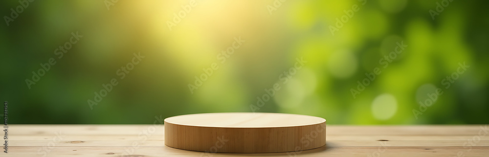 Poster Simple Wooden Podium Against Blurred Nature Background Ideal For Product Presentation With A Touch Of Elegance And Sophistication. 00001