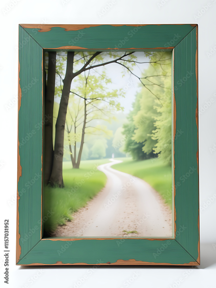 Poster Simple Wooden Picture Frame With A Rustic Green Finish And A Winding Path In The Background, Set Against A Clean White Backdrop. 00003