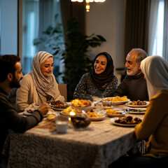 A cozy family gathering during Ramazan’s iftar. The table is set with traditional dishes and delicious meals, creating a warm, festive atmosphere to celebrate the end of the fast in a private home.