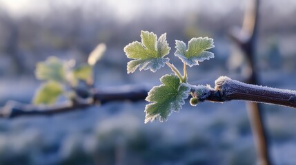 Springtime Vineyard with Young Grape Bunches and Green Tender Shoots on Vine Amidst a Blurred Background of Frosty Leaves