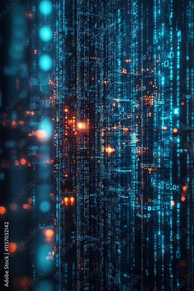 Poster digital data stream blue code rain with glowing nodes, abstract technology background