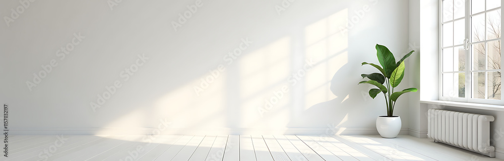 Poster Simple White Interior Design Featuring A Blank Wall Created Using Bright And Warm Mock Up Tones. 00002