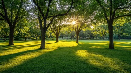 Obraz premium Sunlight Shining Through Trees in Serene Green Park Landscape
