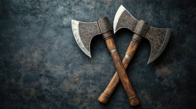 Viking battle axes with ornate metal blades and wooden handles on a textured background showcasing medieval weaponry craftsmanship - Powered by Adobe