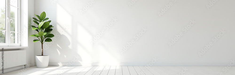 Poster Simple White Interior Design Featuring A Blank Wall Created Using Bright And Warm Mock Up Tones. 00001