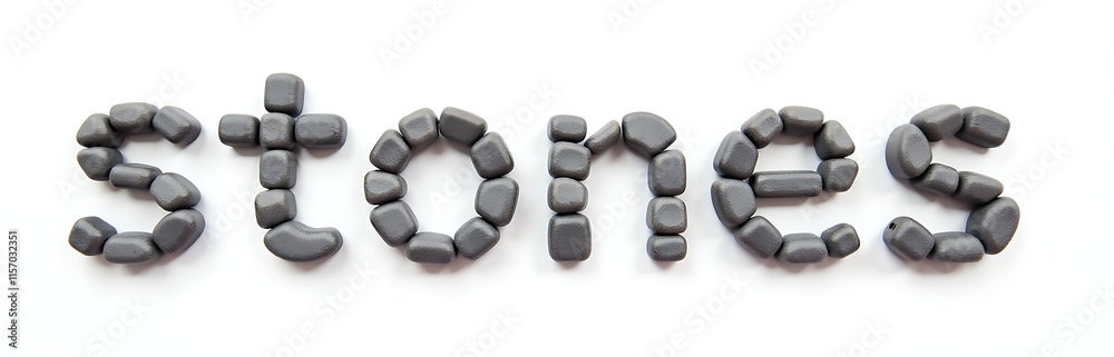 Poster simple text made up entirely of individual stones isolated against a clean white background. 00003