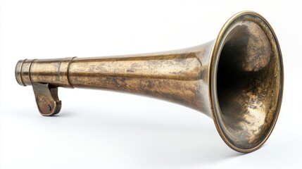 Antique brass bullhorn on a white background showcasing vintage craftsmanship and historical design elements