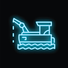 Bright turquoise neon icon of a dredger boat working at sea, isolated on a black background