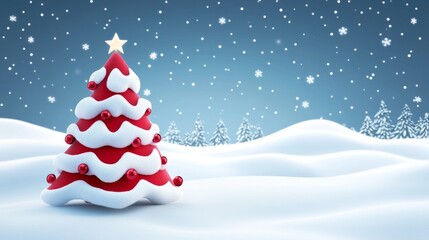 Festive Christmas tree in snowy landscape.