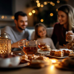 A cozy family gathering during Ramazan’s iftar. The table is set with traditional dishes and delicious meals, creating a warm, festive atmosphere to celebrate the end of the fast in a private home.