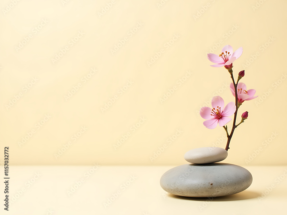 Poster Simple Floral Design Featuring A Flower Branch And Stone On A Bright Beige Background In A Banner Format. 00001