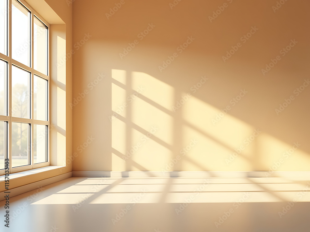 Aufkleber Simple Empty Space With Large Windows Receives Bright Warm Tones, Ideal For Creating A Clean Advertising Mock Up Atmosphere. 00002