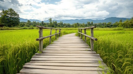 Fototapeta premium Serene Wooden Bridge Over Lush Green Rice Field Under Clouds
