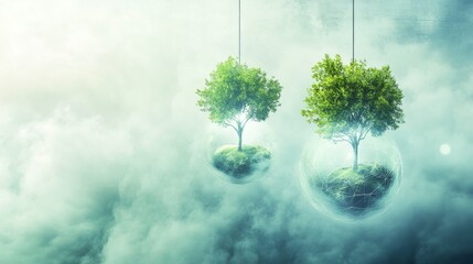 Floating trees in a misty surreal landscape.