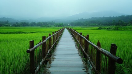 Obraz premium Tranquil Wooden Pathway Through Lush Green Rice Fields Landscape